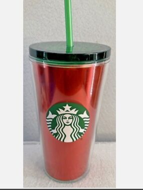 Starbucks Red Travel Cup with Green Logo, Lid & Straw